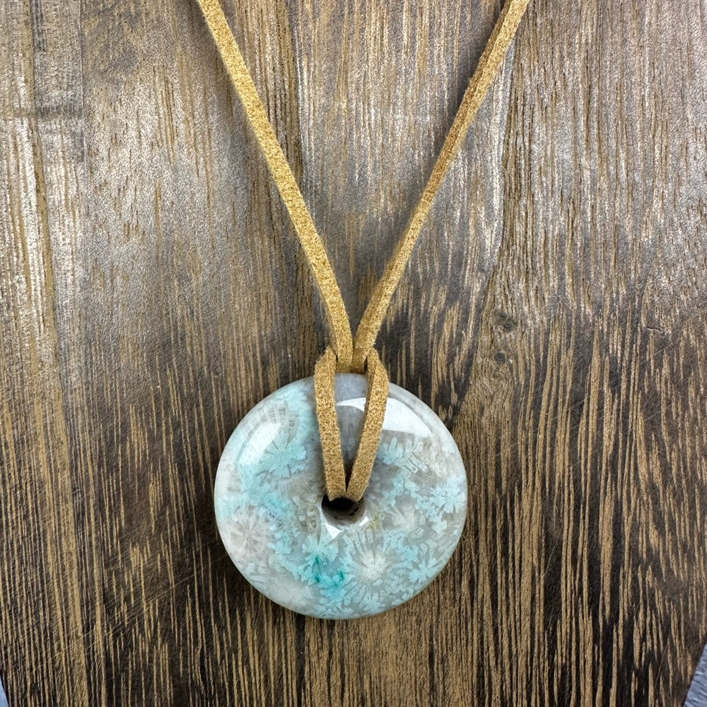 Green Coral Fossil Donut Pendant on Brown Faux Suede - Picture 11 of 11